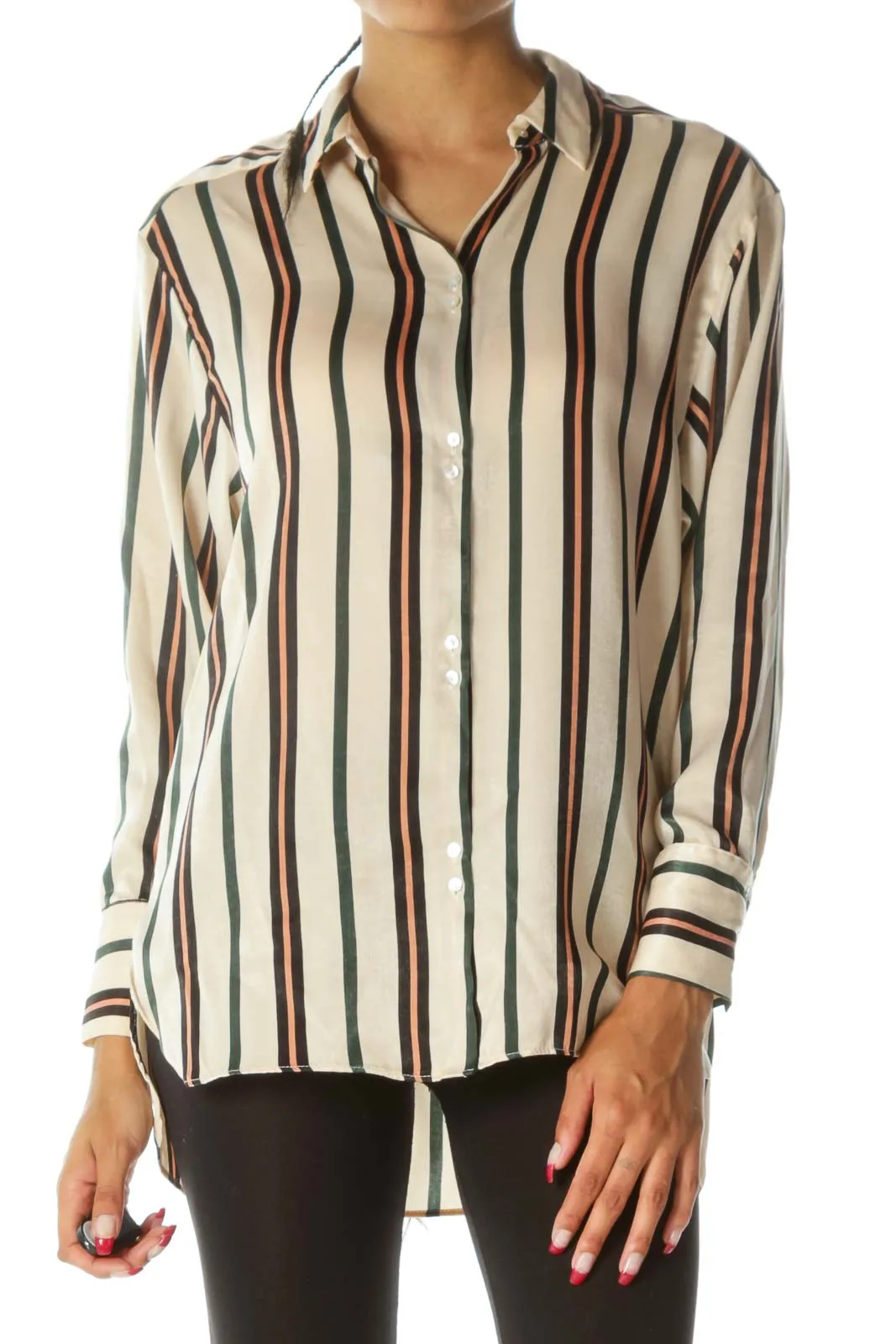 Beige Black Green Striped Shiny Long Sleeve Soft Shirt