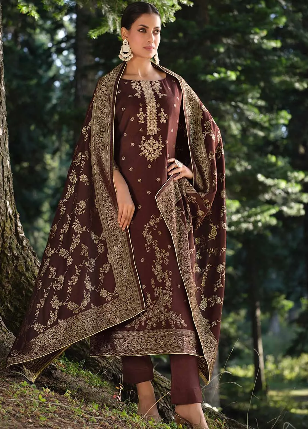 Belliza Brown Pashmina Jacquard Unstitched Winter Suit Dress Material