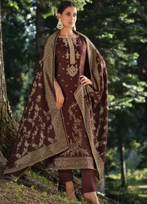 Belliza Brown Pashmina Jacquard Unstitched Winter Suit Dress Material