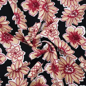 Black-Red-Beige Floral Printed Rayon Crepe Faille Woven Fabric