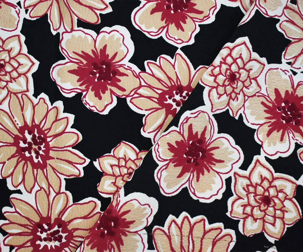 Black-Red-Beige Floral Printed Rayon Crepe Faille Woven Fabric