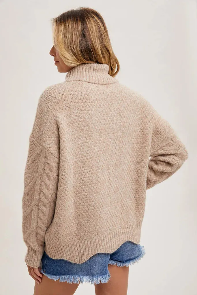 Bluivy Turtle Neck Cable Knit Scallop Hem Sweater