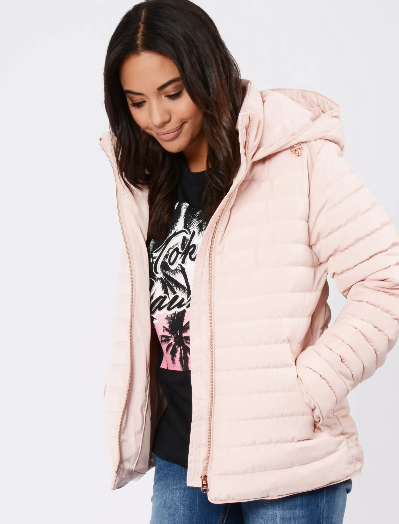 Ginger 2 Quilted Hooded Puffer Jacket in Blush Pink - Tokyo Laundry