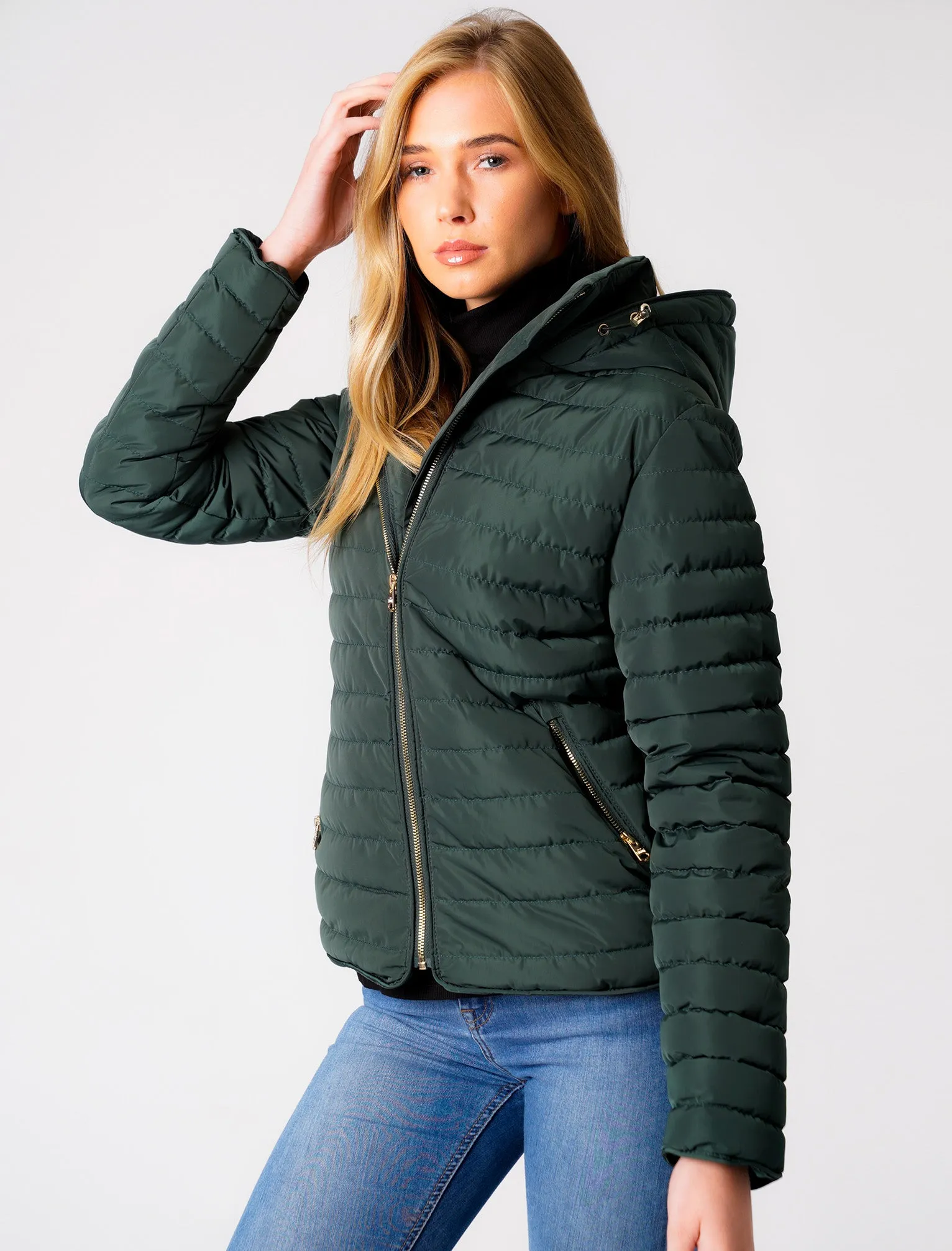 Ginger 2 Quilted Hooded Puffer Jacket in Dark Green - Tokyo Laundry