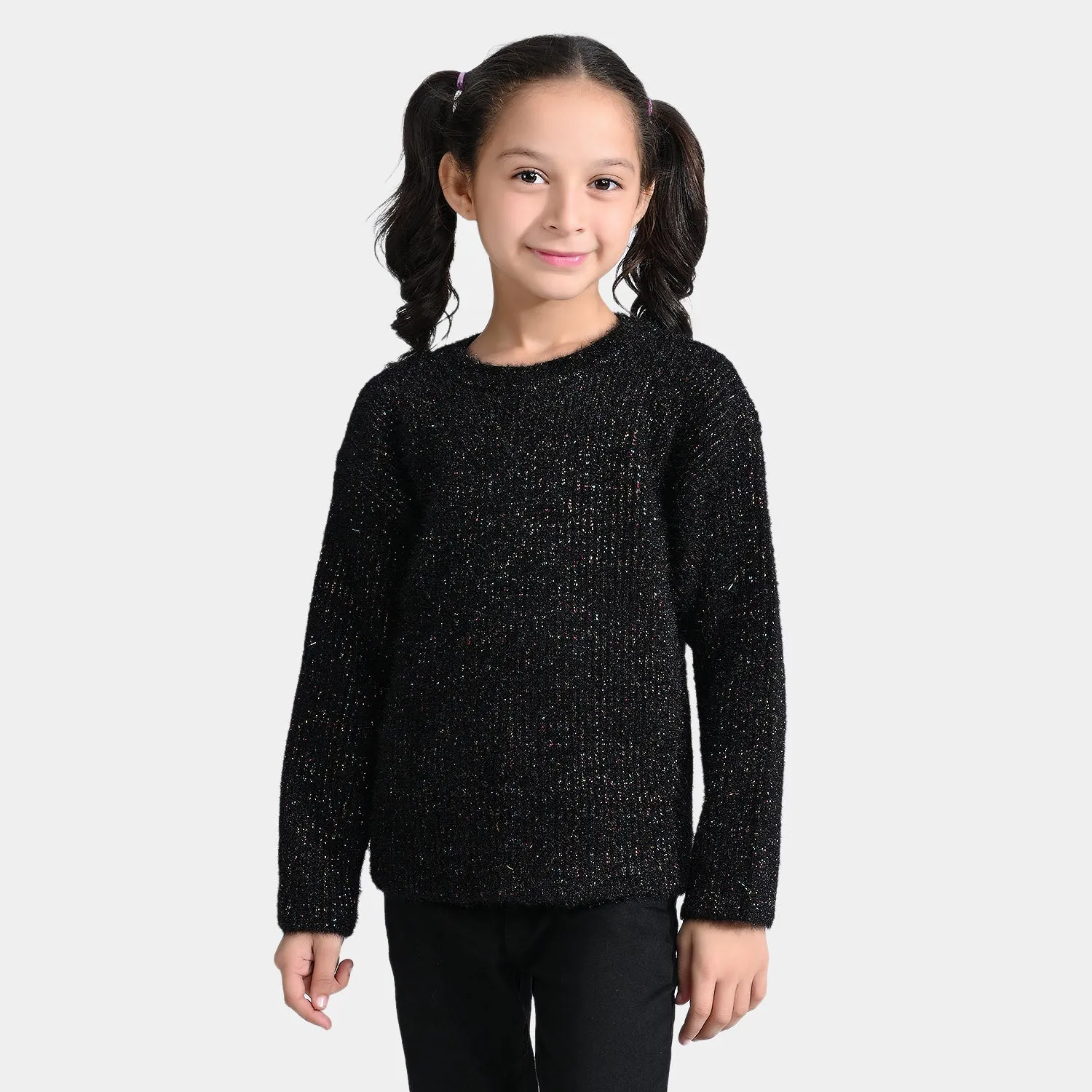 Girls Acrylic-Feather Lurex Sweater-BLACK