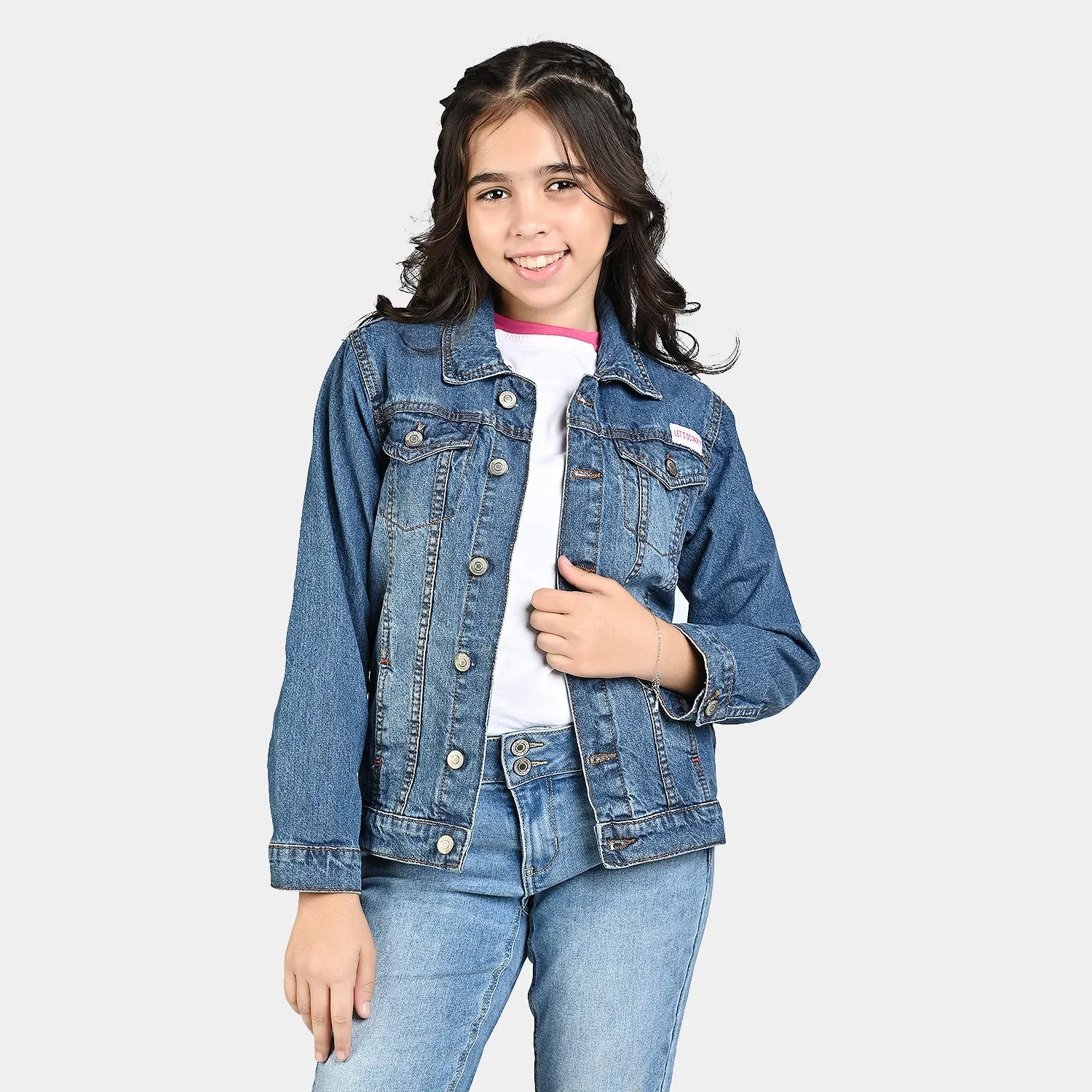 Girls Denim rigid Woven Jacket-Mid Blue