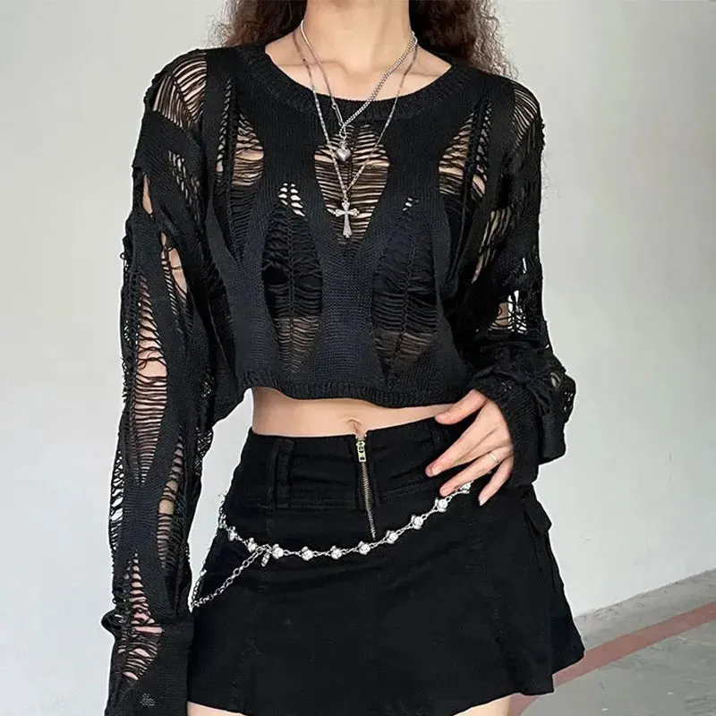 Gothic Perforated Hollow Out Knitted Long Sleeve Top