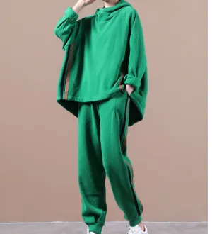 Green Loose Cotton Women Sweater Coat Suits Loose Women Jacket Wide Legs SUJ962512