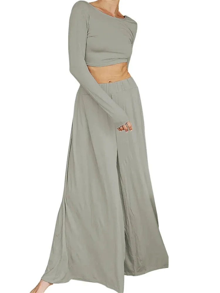 JuliaFashion - Casual Backless T-shirts Crop Tops Solid Wide Leg Pants Suits