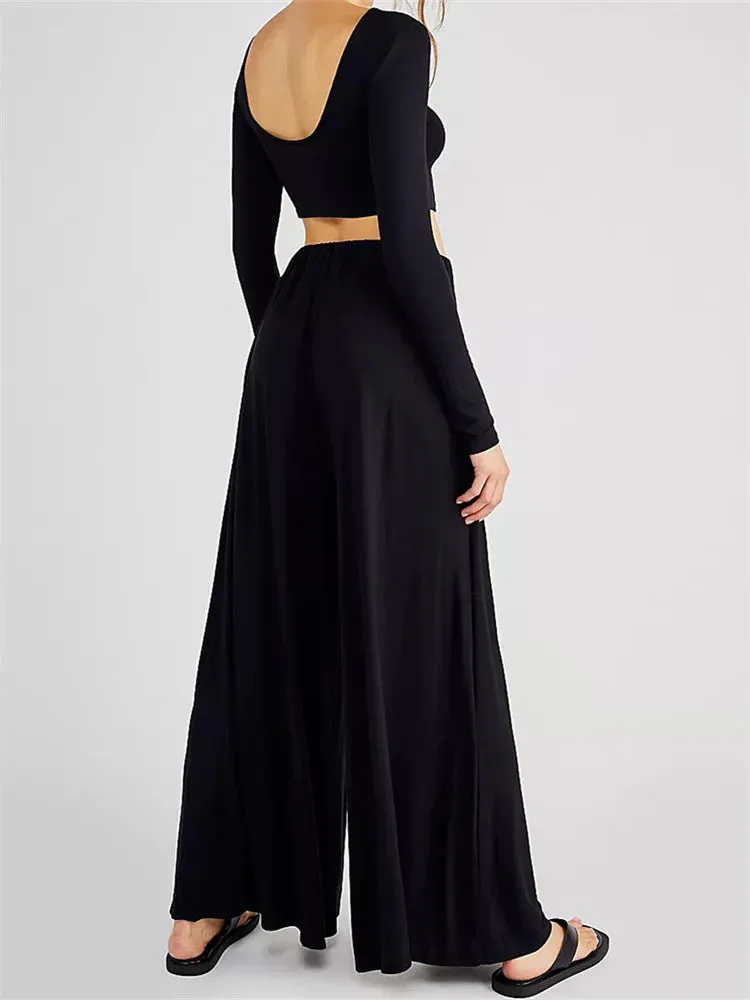 JuliaFashion - Casual Backless T-shirts Crop Tops Solid Wide Leg Pants Suits