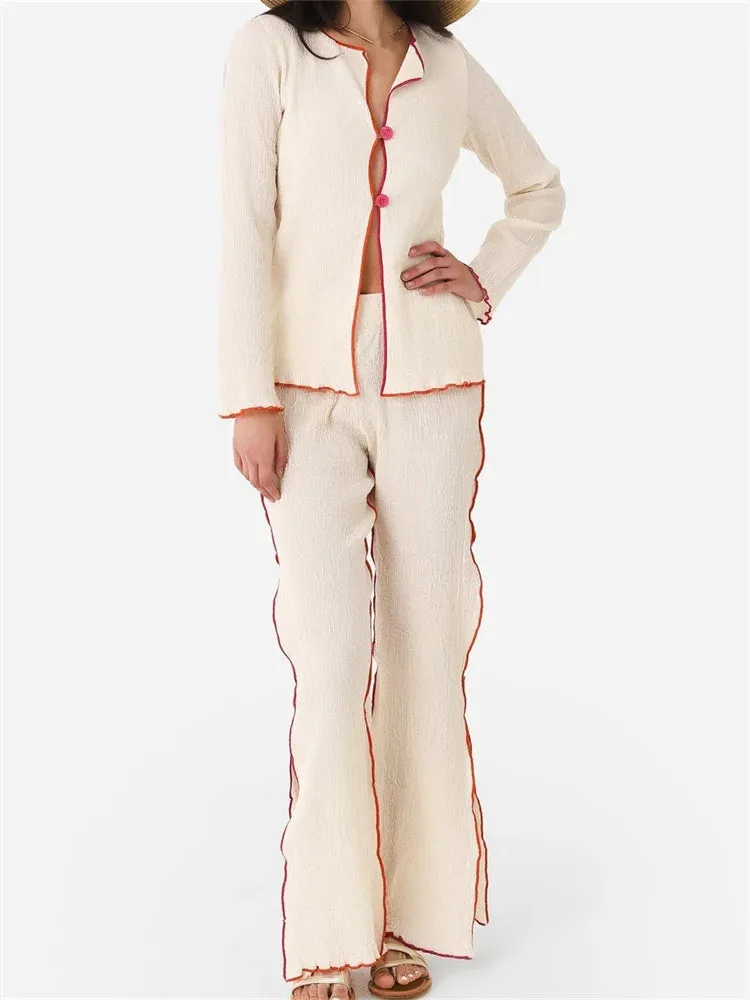 JuliaFashion - Lounge Suits Buttons Up Shirts Contrast Pants Sleepwear Suits