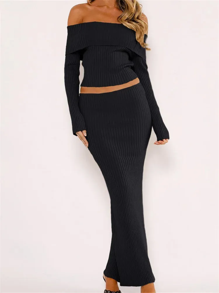 JuliaFashion - Slash Neck Off Shoulder Long Sleeve Ribbed Knitted Tops Long Skirts Suits