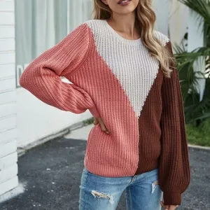 Long Sleeve Knitted Patchwork Hit Color Sweater Pullover