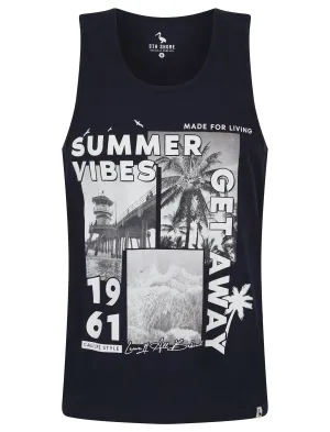 Made For Motif Print Cotton Vest Top in Sky Captain Navy - South Shore