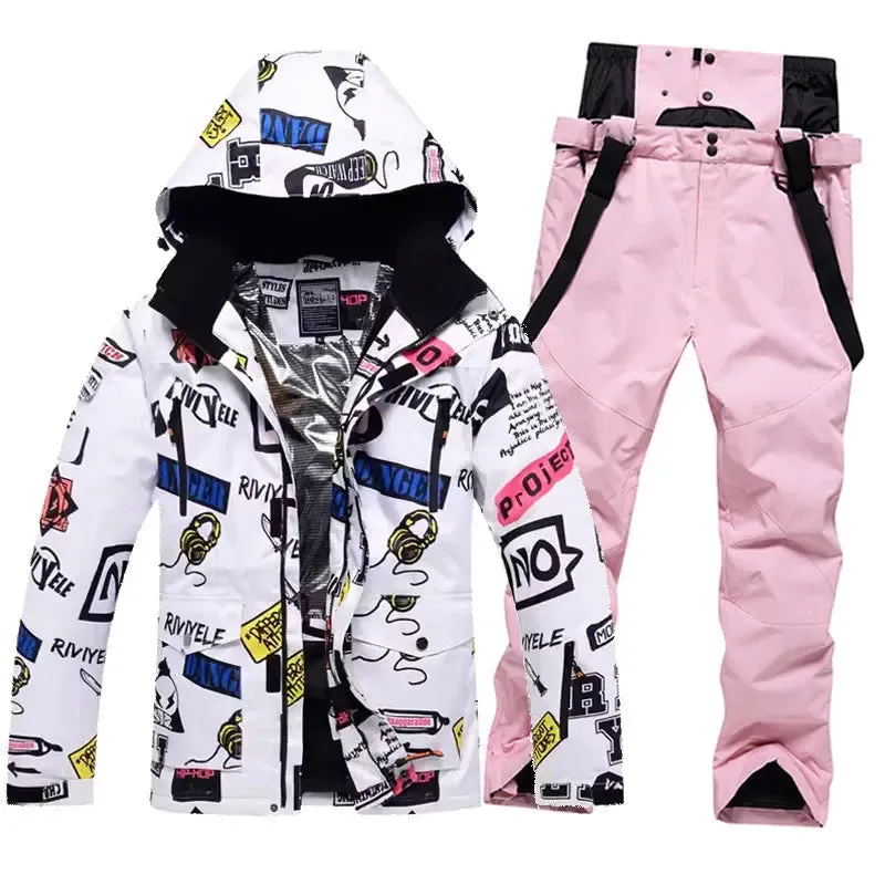 Men Graffiti Printed Jacket & Insulated Skiing Bibs Thick Snowsuits