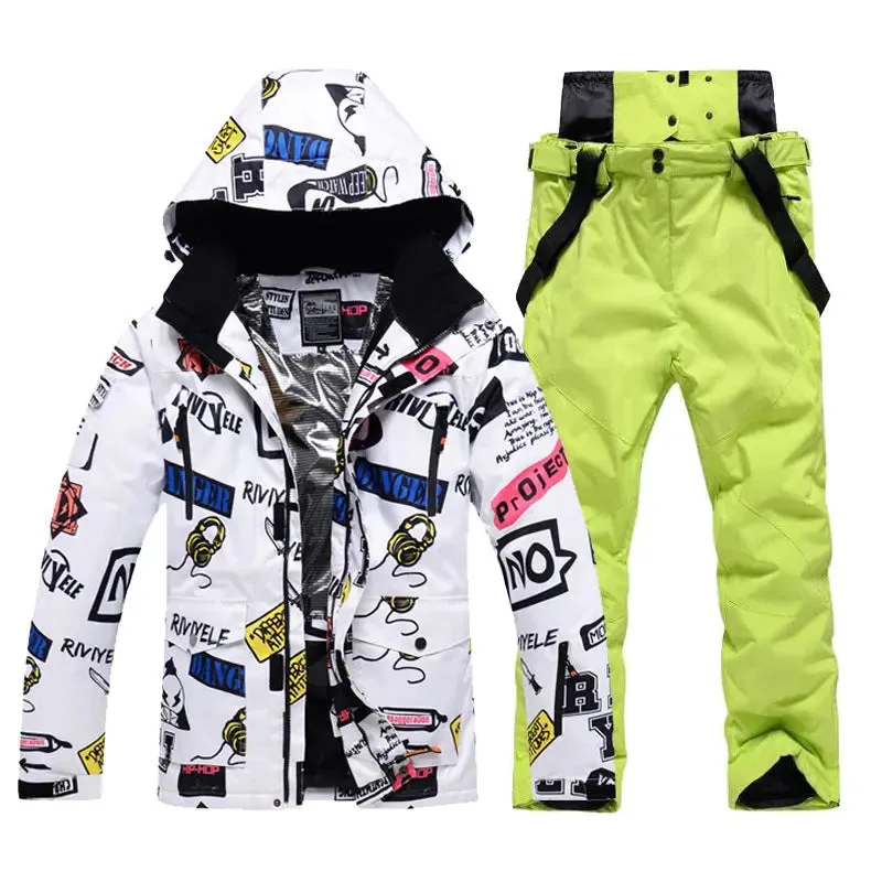 Men Graffiti Printed Jacket & Insulated Skiing Bibs Thick Snowsuits