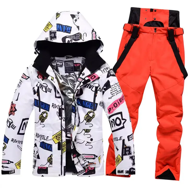 Men Graffiti Printed Jacket & Insulated Skiing Bibs Thick Snowsuits