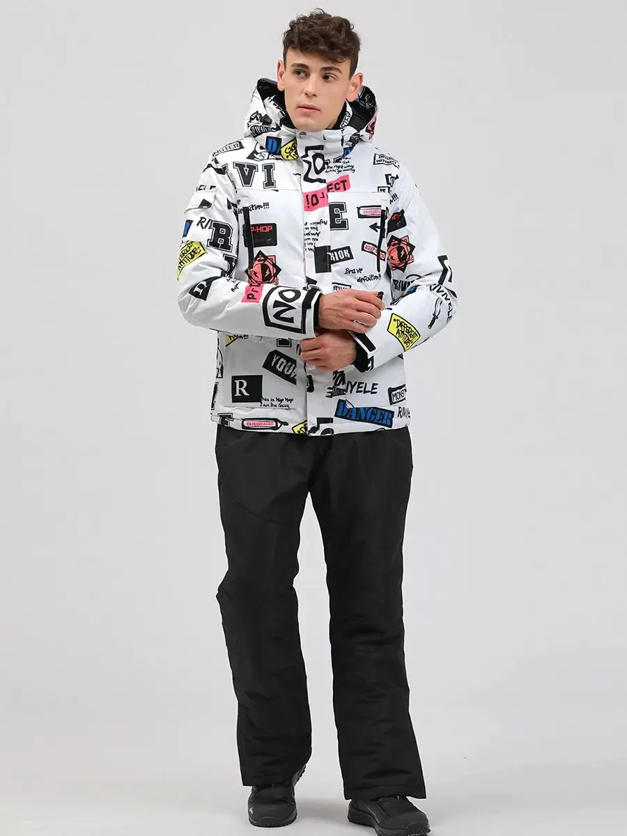 Men Graffiti Printed Jacket & Insulated Skiing Bibs Thick Snowsuits