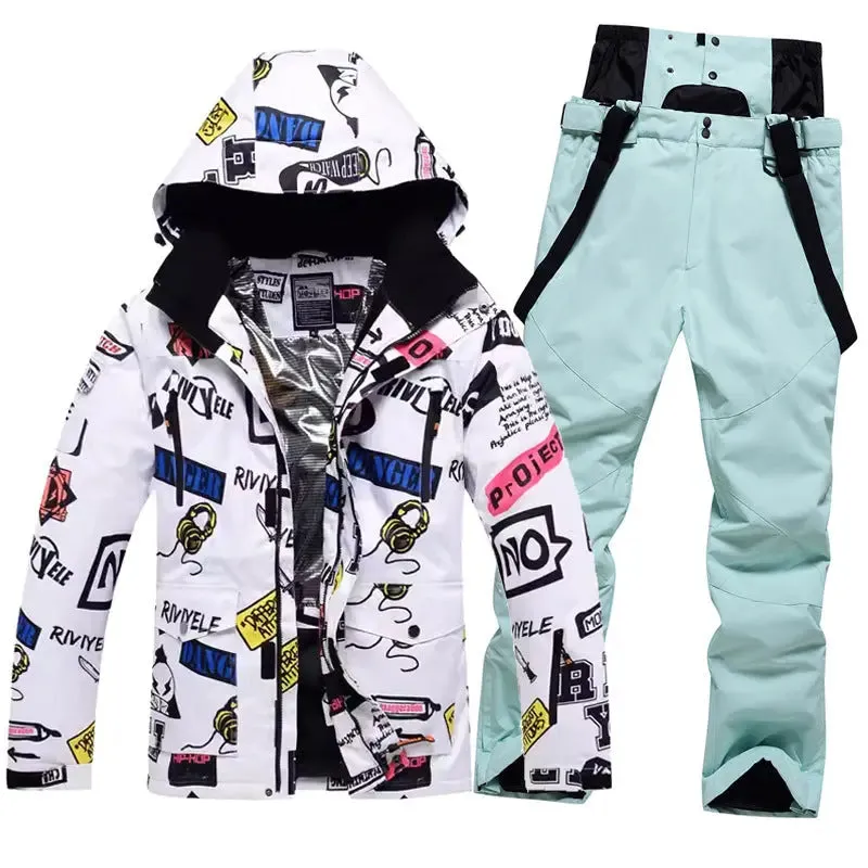 Men Graffiti Printed Jacket & Insulated Skiing Bibs Thick Snowsuits