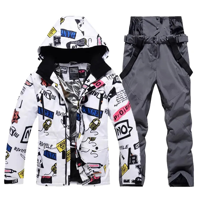 Men Graffiti Printed Jacket & Insulated Skiing Bibs Thick Snowsuits