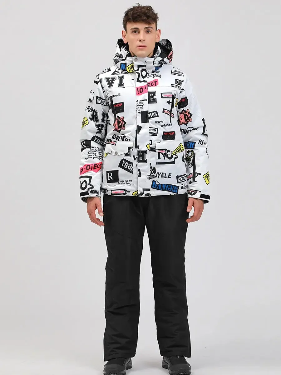 Men Graffiti Printed Jacket & Insulated Skiing Bibs Thick Snowsuits