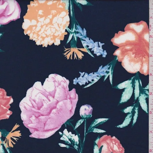 Navy/Orchid/Pink Floral Double Brushed Jersey Knit Fabric