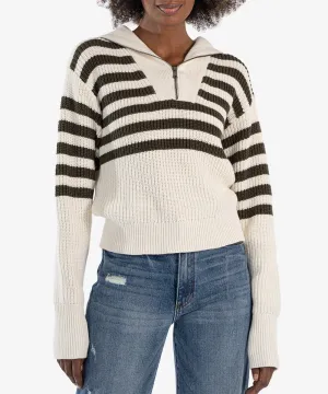 Noley Stripe Zip Front Sweater in Off White & Olive