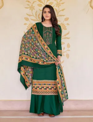 Pashmina Green Unstitched Winter Suits With Printed Dupatta