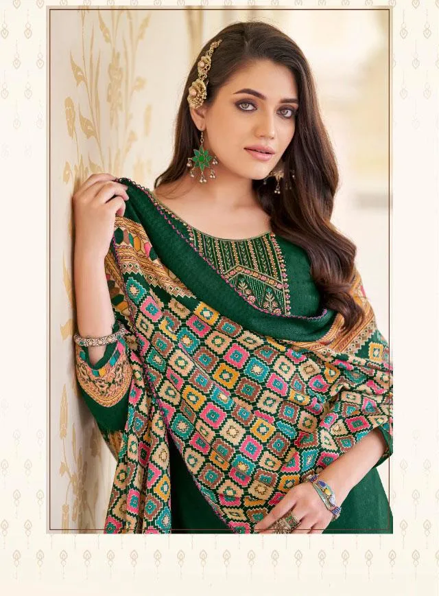 Pashmina Green Unstitched Winter Suits With Printed Dupatta