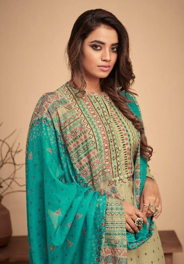 Pashmina Mehendi Green Winter Unstitched Suit With Printed shawl