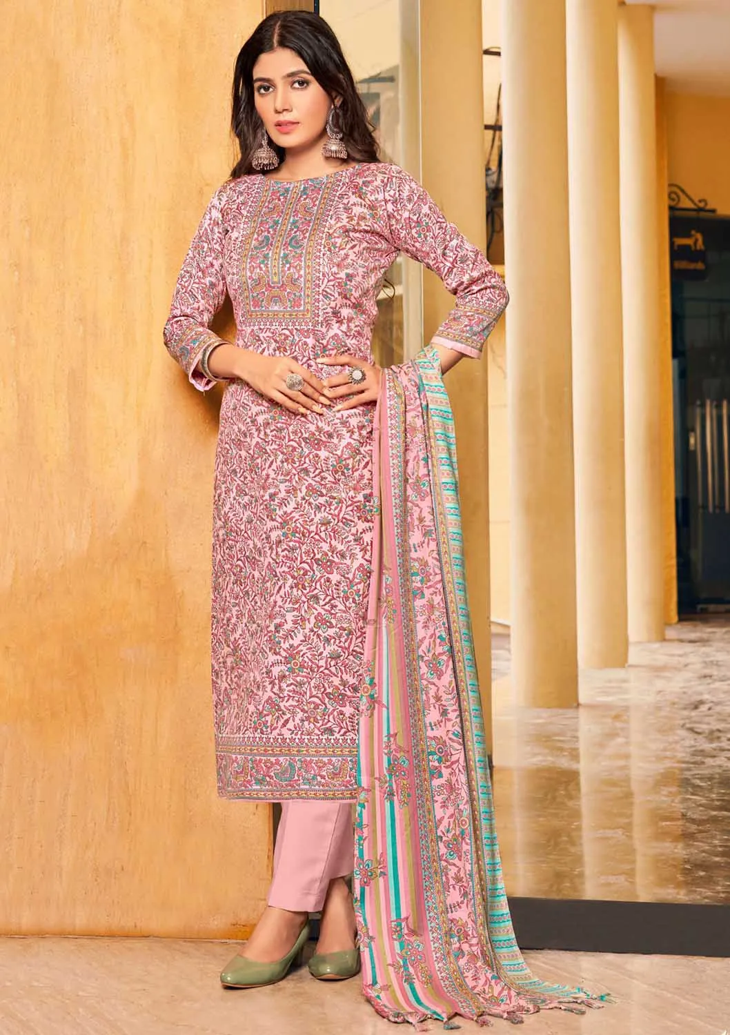 Pashmina Winter Unstitched Pink Suit Dress Material for Women