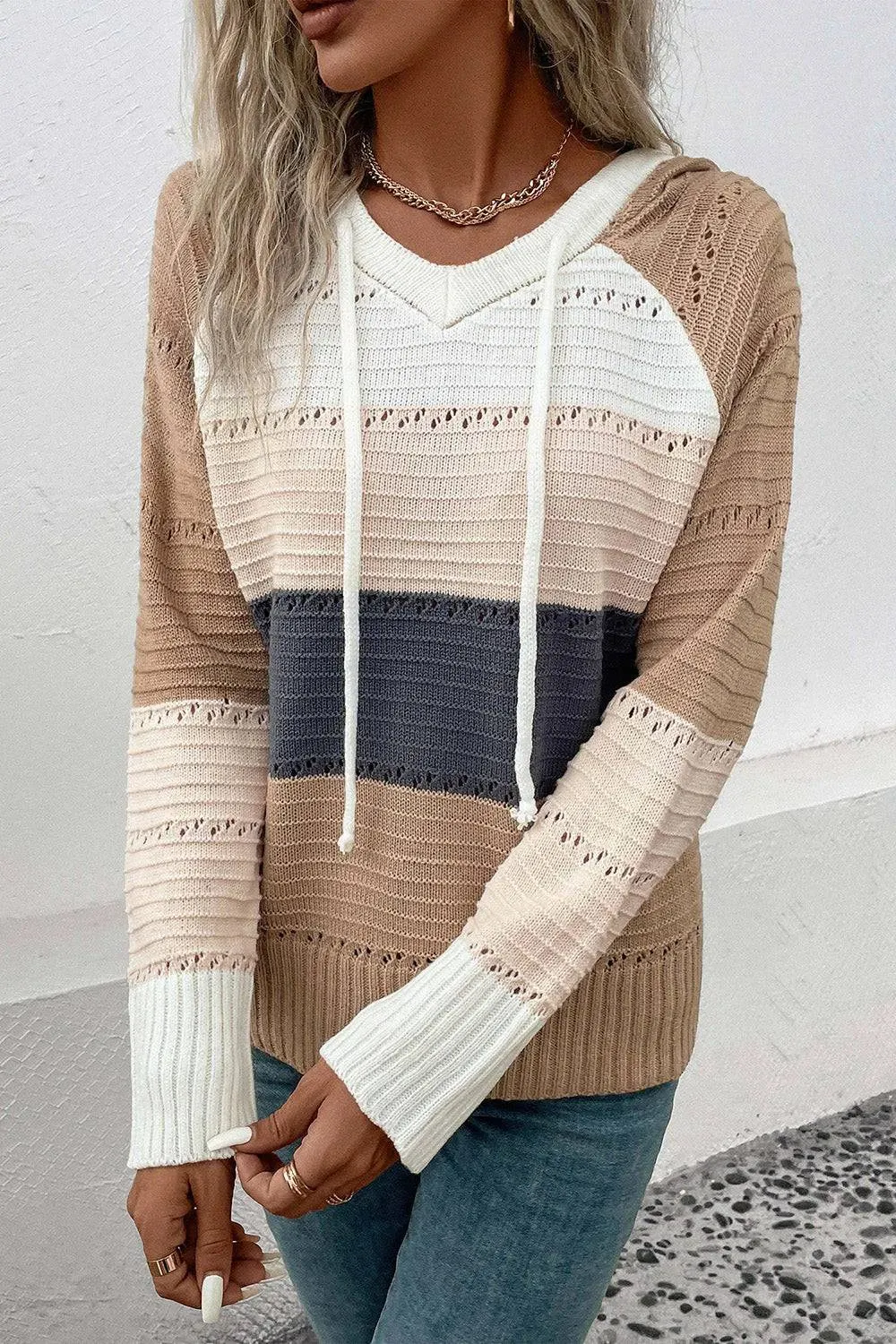 Perfee Color Block Drawstring Hooded Sweater