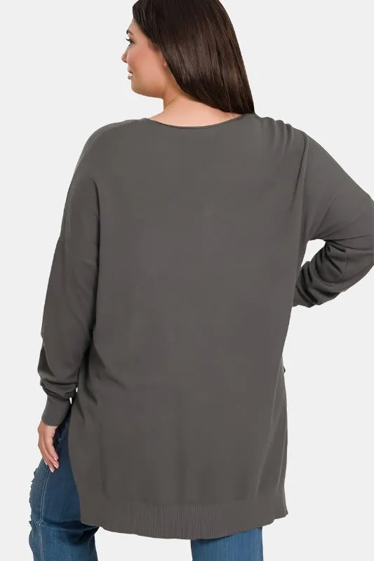 Plus Hi-low Hem V-Neck Center Seam Sweater