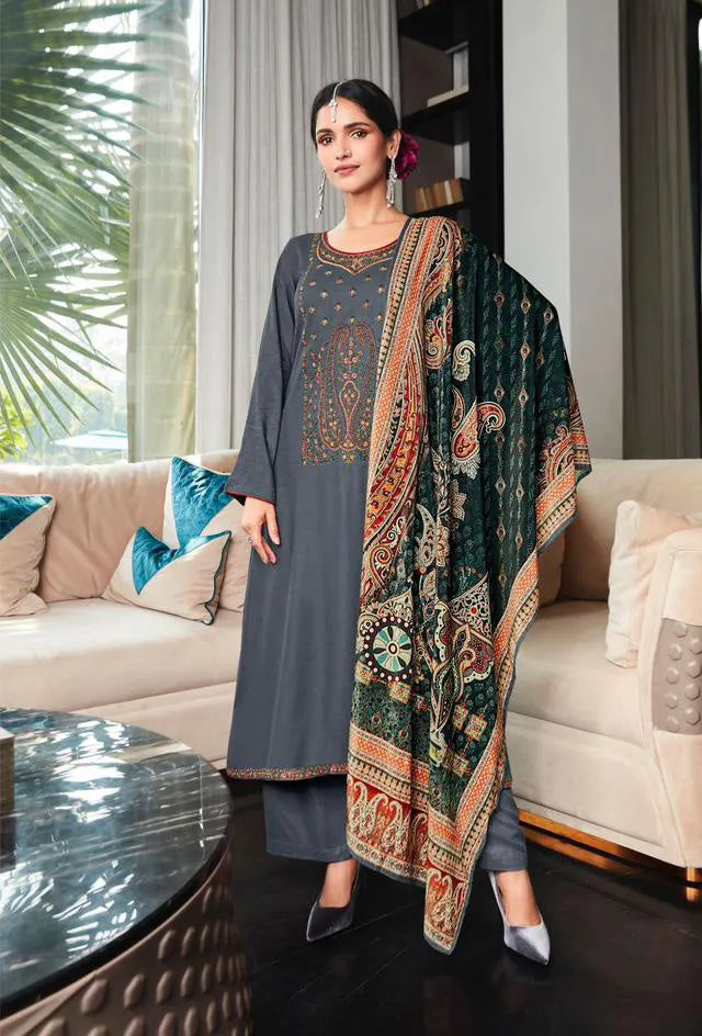 Pure Viscose Staple Pashmina Grey Unstitched Winter Suits with Velvet Dupatta