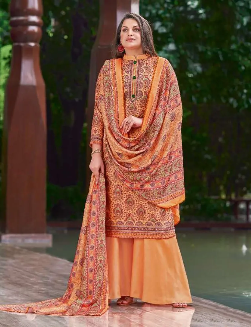 Pure Wool Pashmina Orange Winter Unstitched Suits with Shawl