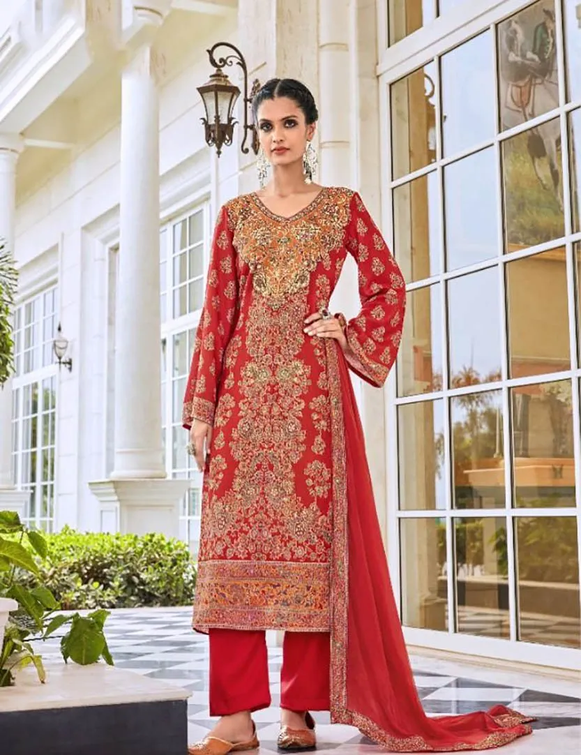 Pure Wool Pashmina Red Winter Unstitched Suit With Dupatta