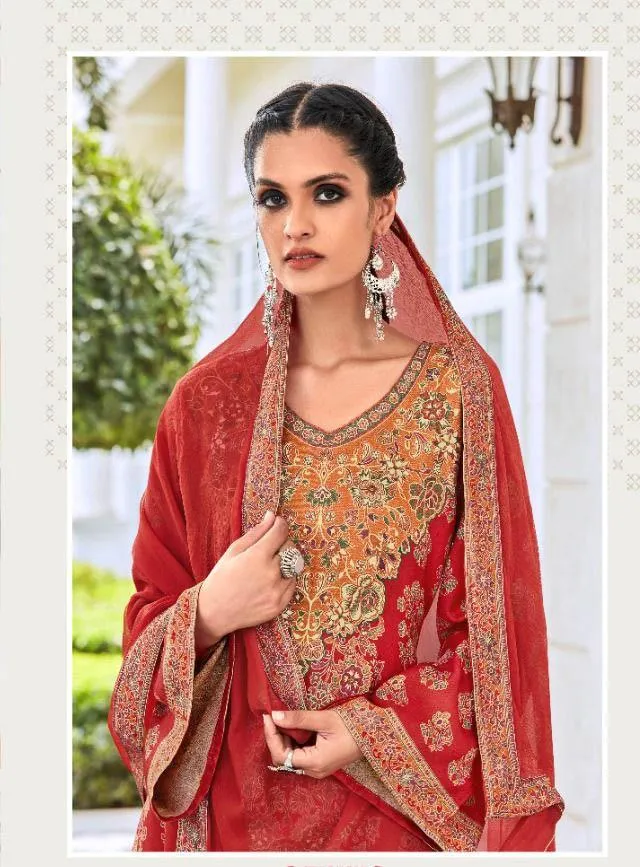 Pure Wool Pashmina Red Winter Unstitched Suit With Dupatta