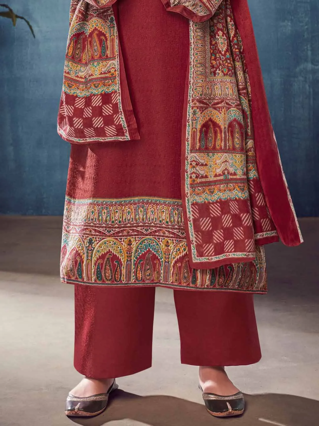 Red Pashmina Twill Embroidered Unstitched Winter Suits for Women