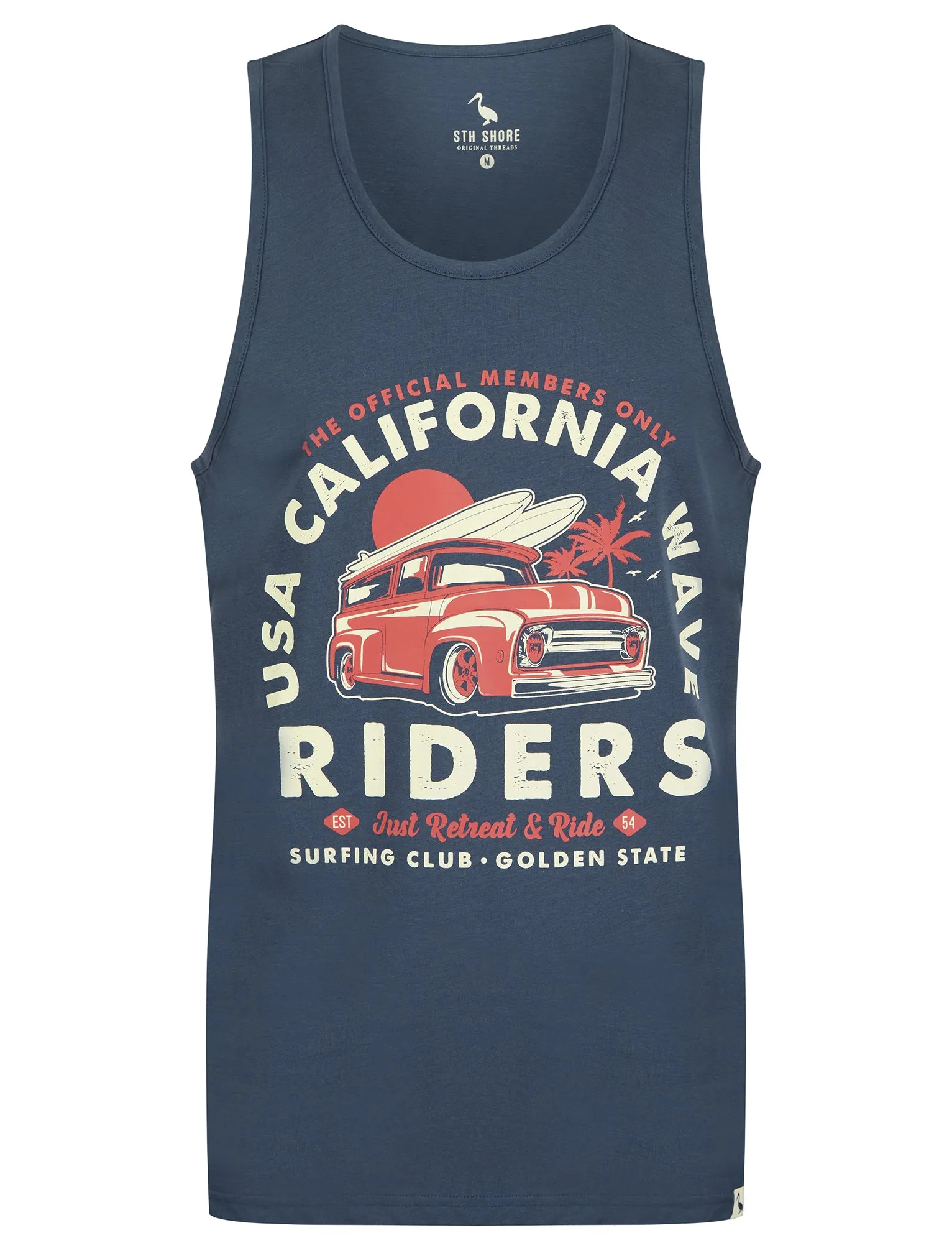 Riders Motif Print Cotton Vest Top in Vintage Indigo - South Shore