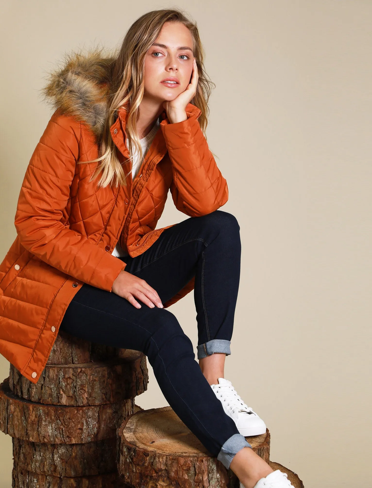 Rigel Longline Quilted Puffer Coat with Faux Fur Trim Hood in Cinnamon Stick - Tokyo Laundry