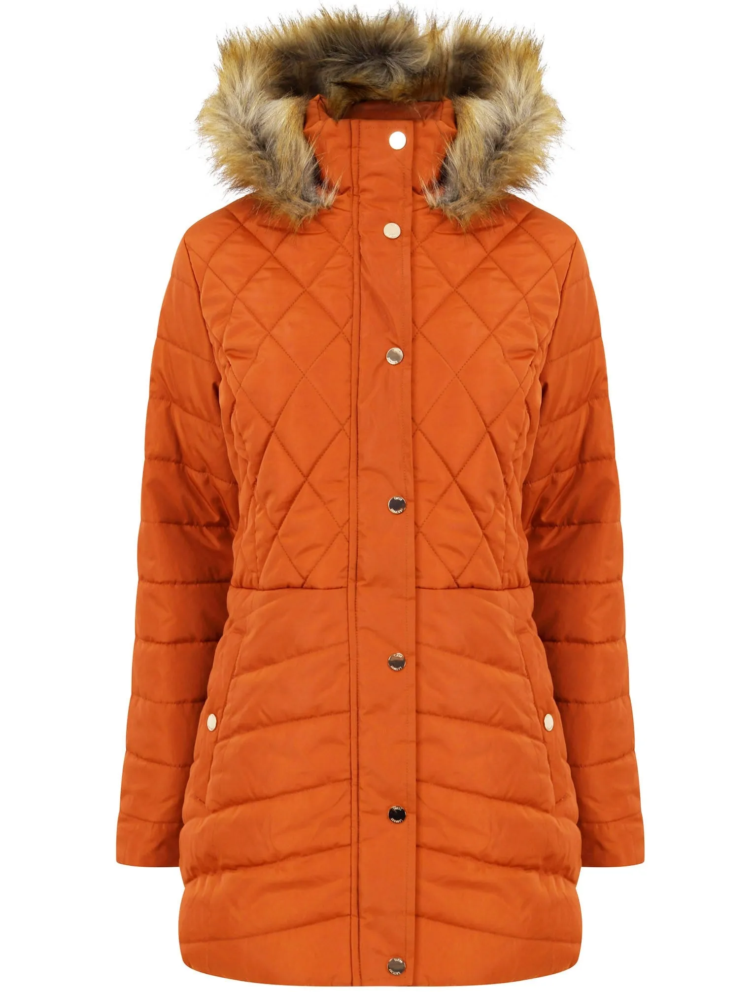 Rigel Longline Quilted Puffer Coat with Faux Fur Trim Hood in Cinnamon Stick - Tokyo Laundry