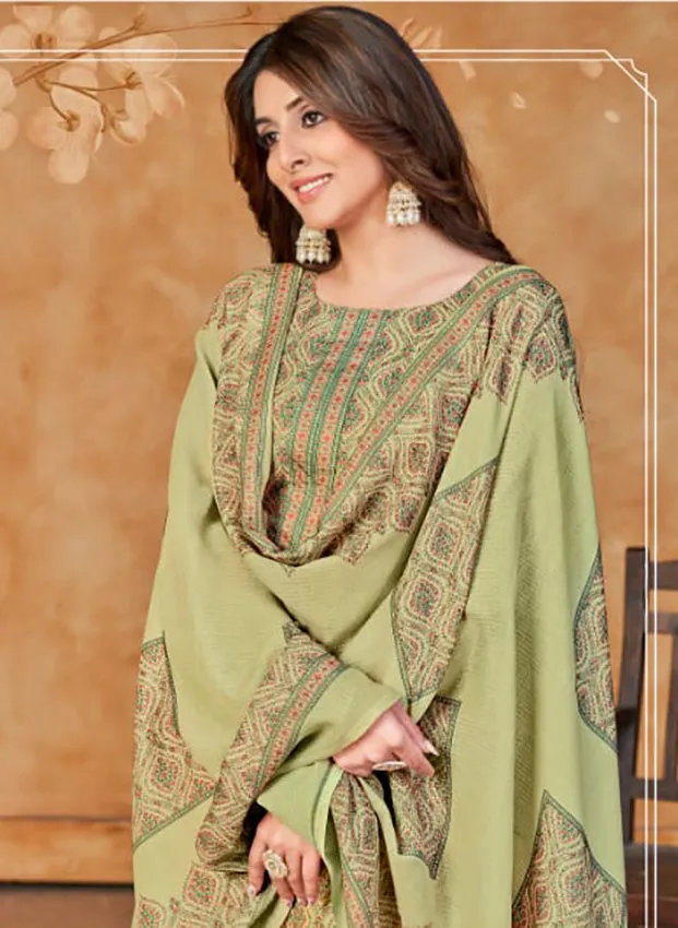 Rivaa Green Printed Pashmina Unstitched Winter Salwar Suit Dress Material