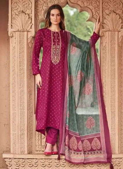 Sadhana Rani Pink Pashmina Unstitched Winter Suits for Ladies