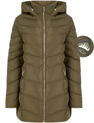 Safflower 2 Longline Quilted Puffer Coat with Hood In Khaki - Tokyo Laundry