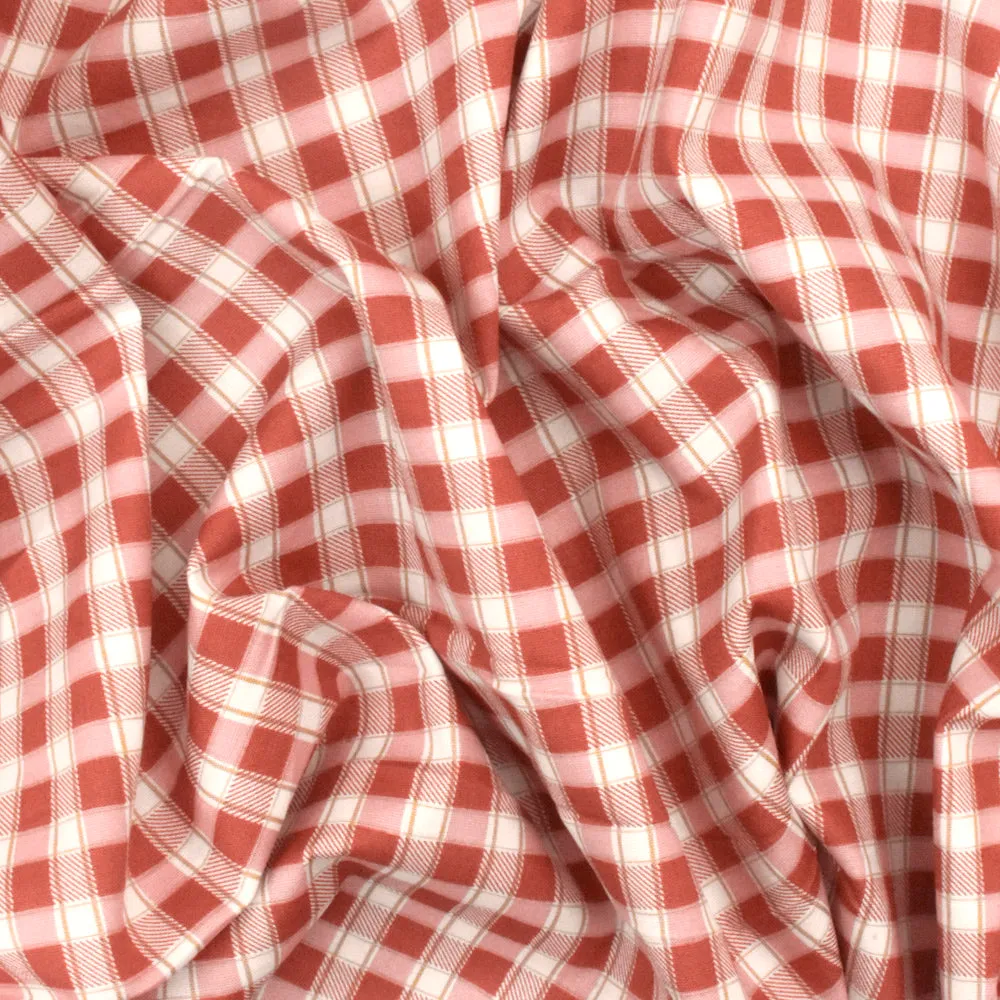 Soft Red-Pink-Multi Plaid Print Stretch Cotton Broadcloth Woven Fabric