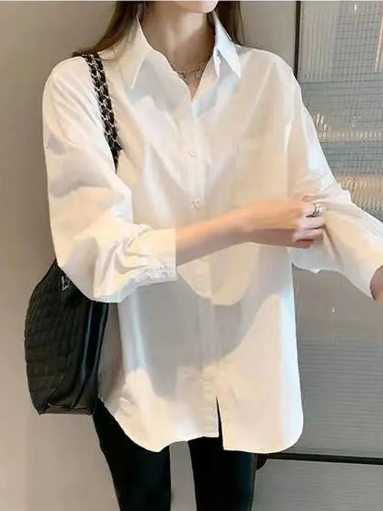 White Women Fall Shirts Temperament OL Long Sleeve Button Up Loose Shirts All Match Korean Fashion Turn Down Collar Tops