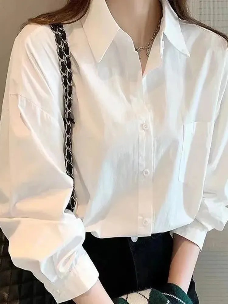 White Women Fall Shirts Temperament OL Long Sleeve Button Up Loose Shirts All Match Korean Fashion Turn Down Collar Tops