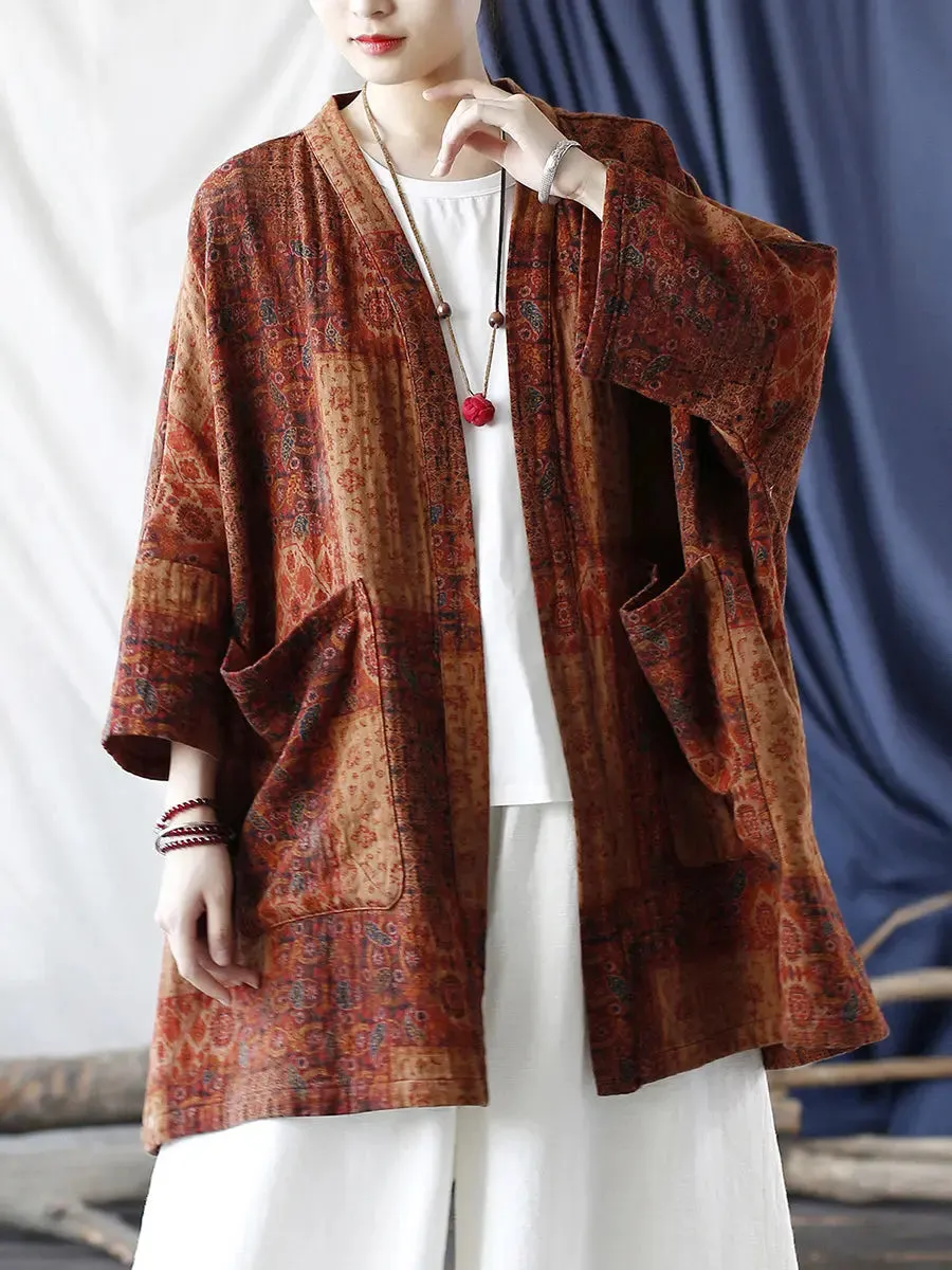 Women Ethnic Pocket Print Loose Coat