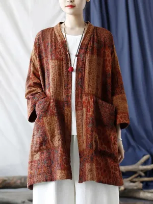 Women Ethnic Pocket Print Loose Coat