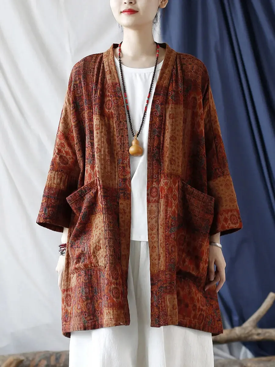 Women Ethnic Pocket Print Loose Coat